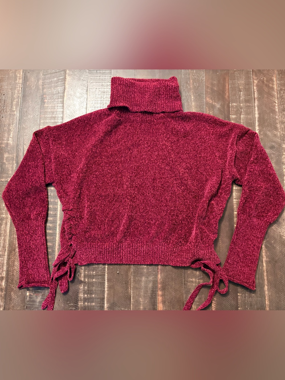 Elegant Cropped Burgundy Turtleneck Sweater Side Ties Super Soft Lightweight